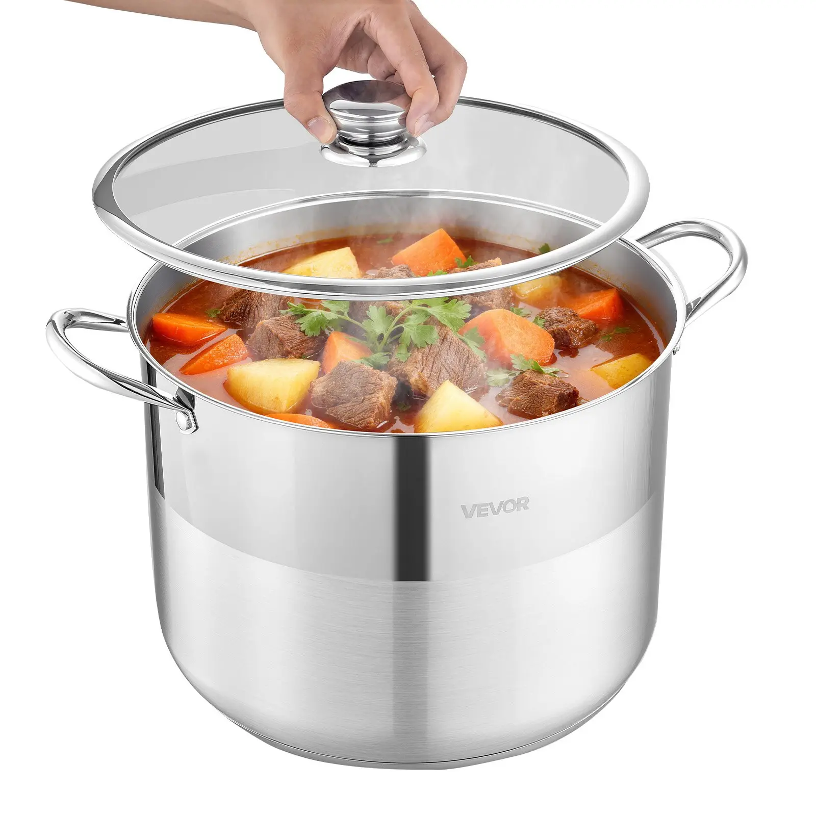 【DealsForYouDays】VEVOR Stainless Steel Stock Pot, 16-Quart Stainless Steel Stockpot with Glass Lid, PFOA-Free, PFAS-Free, Compatible with Gas Stoves, Induction Cooktops, Electric Stoves, for Soups, Stews, and Pasta