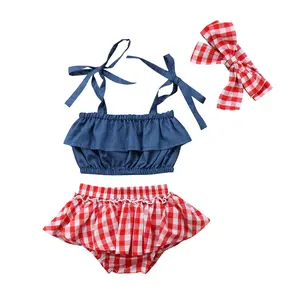 Ma&Baby 3Pcs Newborn Baby Girl Denim Ruffle Crop Tops+Plaid Shorts+Headband Summer Clothes