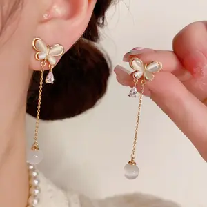 Luxury Cat's Eye Stone Butterfly Tassel Earrings DDES0499, Elegant Fashionable Minimalist Design, s925 Silver Needle Earrings, 14K Gold-Plated