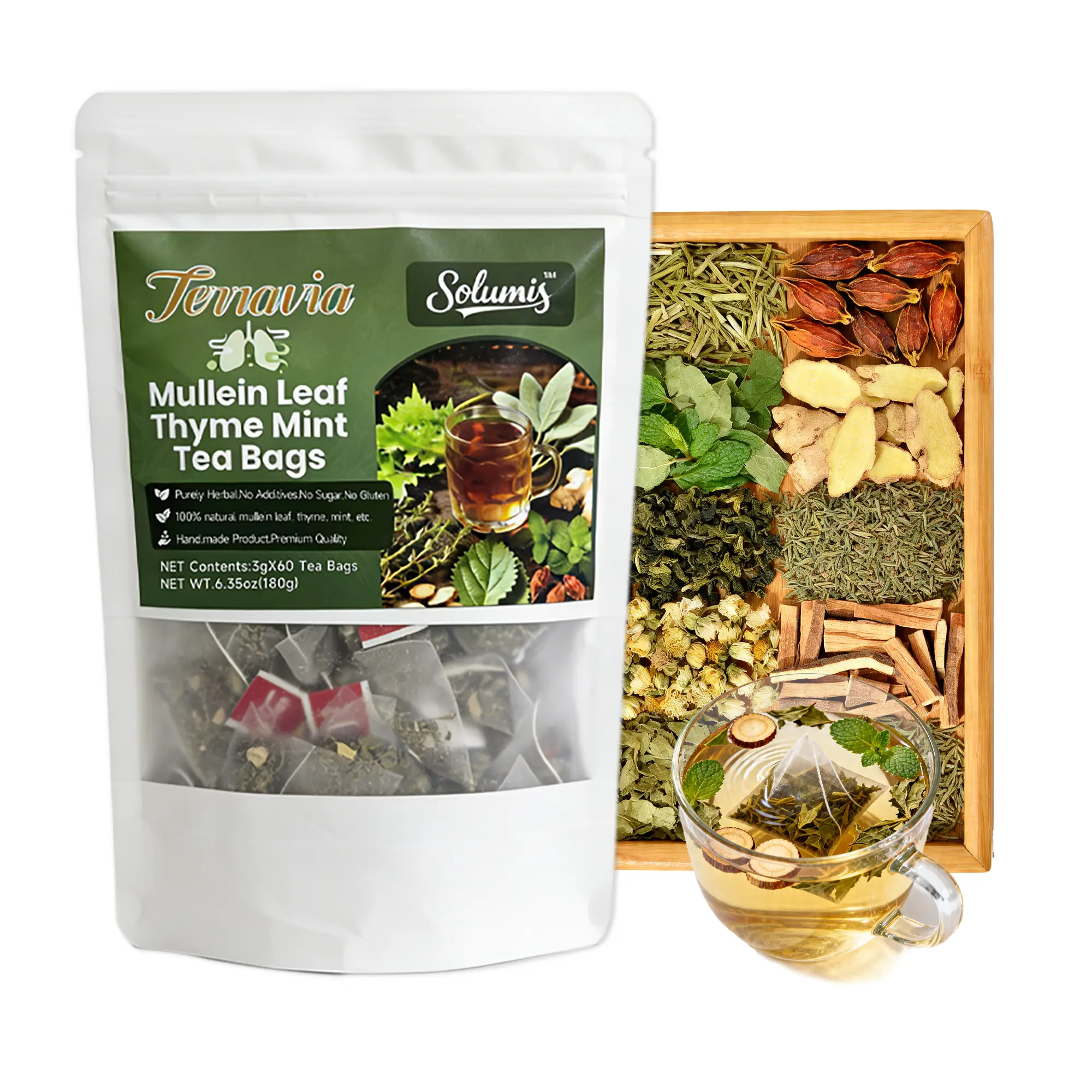 Solumis Herbal Lung-Nourishing Tea Bags — Echinacea leaves, mint, mulberry leaves, liquorice — caffeine-free, flavouring-free herbal tea