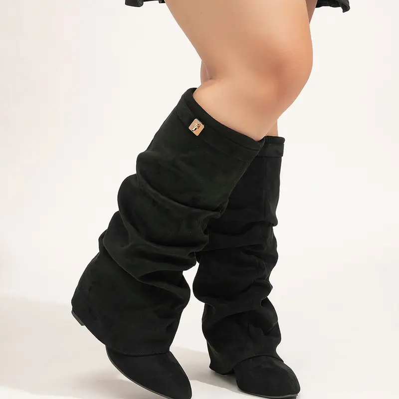 Wide Pointed Toe Foldable Rubber, Inner Zipper Quick-On Design, Conceals Thick Legs, Casual Fall & Winter Footwear, Boots with Zipper