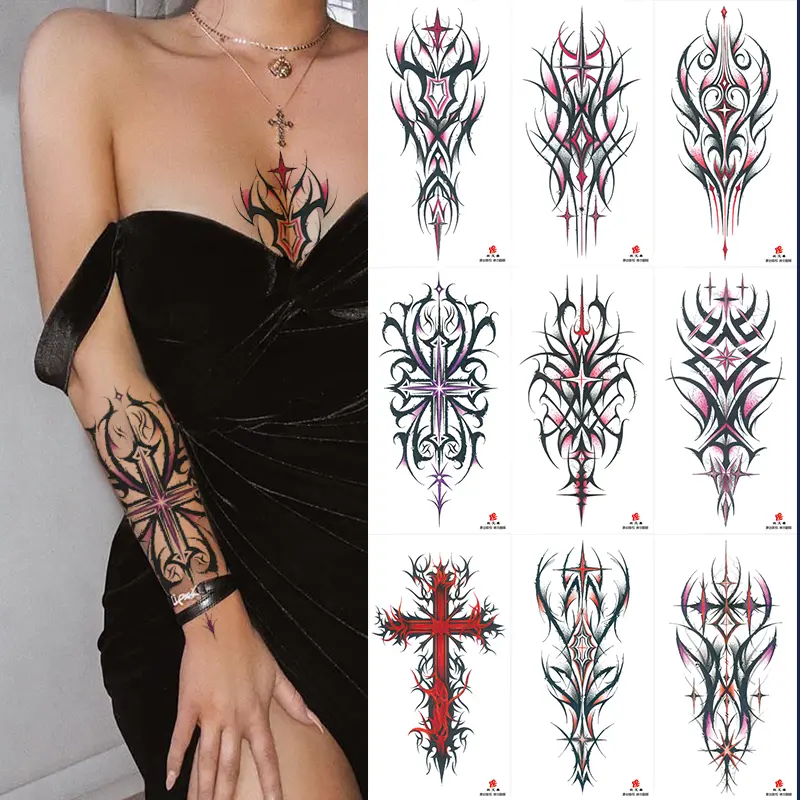 9 Sheets Cross Design Temporary Tattoos for Adults - Realistic, Long-Lasting, Waterproof Fake Tattoo for Men and Women - Arm Leg Sleeve,  Easy to Apply and Remove