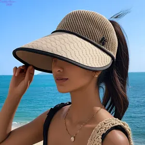 Foldable Empty Top Sun Hat for Women Extra Wide Brim UV Protection Breathable Mesh Hollow Visor Lightweight Portable Anti Glare Summer Beach Cap Quick Dry Cooling Outdoor Sunshade Hat for Vacation Travel Camping Hiking Daily Casual Seaside Activities Wear