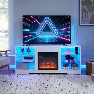 Modern White TV Stand with Electric Fireplace, Wood Television Table Center featuring Glass Shelves and LED Lights, USB Charging Console for TVs up to 62 Inch