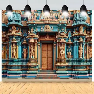 Vibrant Hindu Temple Backdrop for Parties & Events - Intricate Design with Colorful Pillars, No Power Needed, Perfect for Birthdays, Anniversaries, and Holiday Decorations, Indoor & Outdoor Use Banners Ornaments
