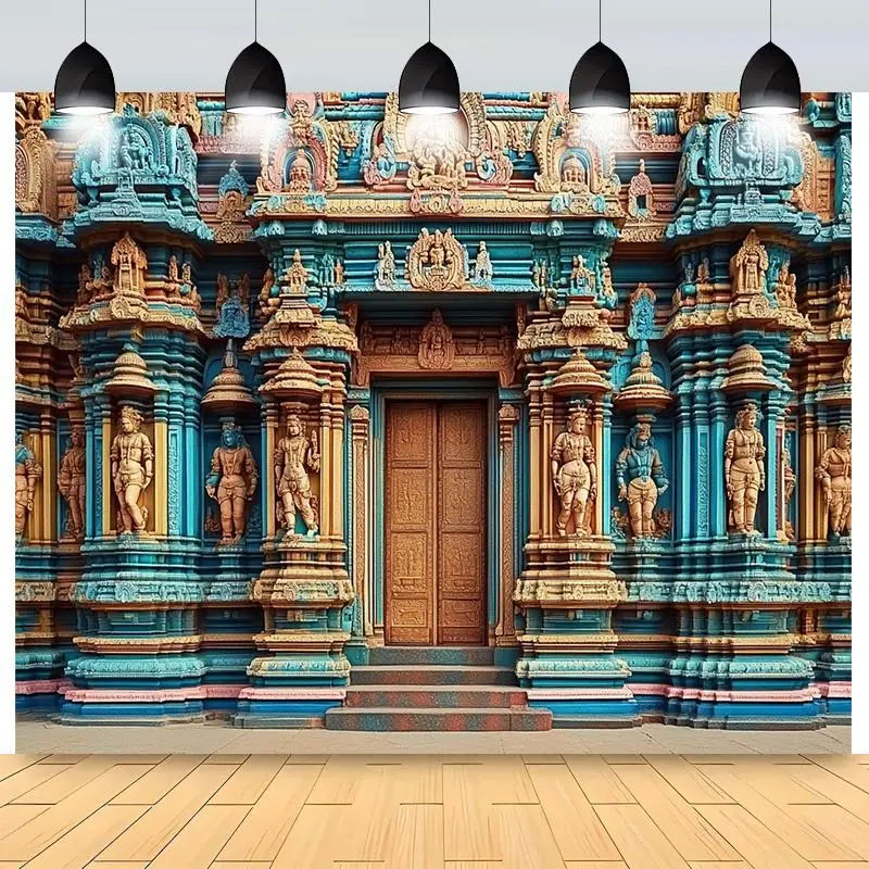 Intricate Vibrant Hindu Temple Backdrop Banner, Colorful Pillars Design, No Power Needed, Indoor/Outdoor Use, Ideal for Birthdays, Anniversaries (Textiles & Soft Furnishings Decor)