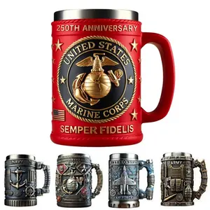 Military 3D Mug 250th Anniversary US Marine Corps Coffee Cup – Stainless Steel Veteran Gift Mug, Collectible Army Style Drinkware for Dad, Grandpa & Military Fans