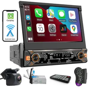 7" 1DIN Motorized Flip Out Touchscreen Car Stereo – Wired CarPlay & Android Auto, 30-Band EQ, Fast Charger + Rear View Camera! Hands-Free Call, SWC, USB/TF/AUX/Type-C – Universal for Car/Truck/RV/Bus #caraudio #carplay