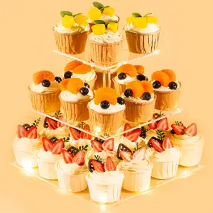 3 Tier Cupcake Stand Cupcake Holder with LED Yellow Light, Acrylic Dessert Display Tower for 24 Cupcakes, Clear Pastry Display Stand for Birthday Parties, Weddings, Baby Showers, Candy Bar, Buffet Table Decor, Event Dessert Serving Tray