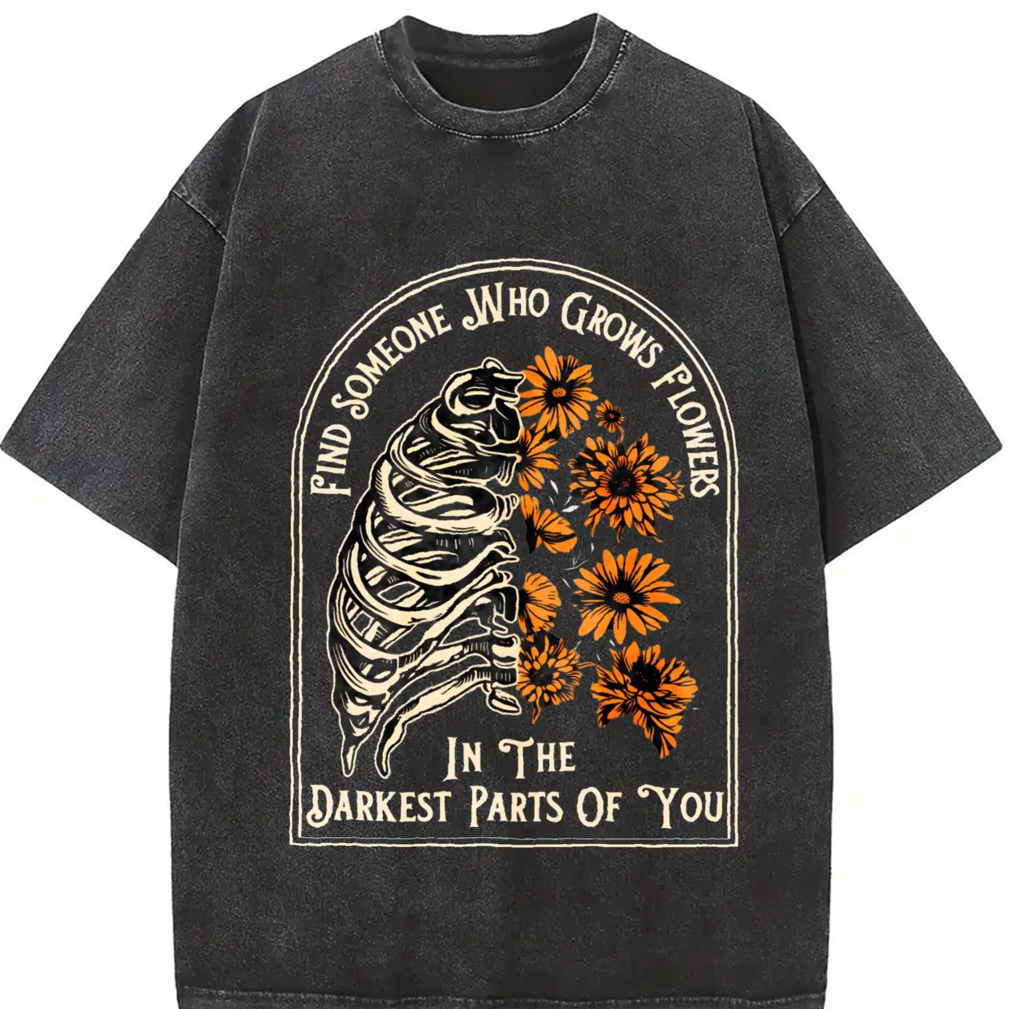 Orca BBB Brand 230g Men's Round Neck Streetwear T-Shirt - Rib Sunflowers Pattern Print, Washed Casual Top, Suitable for Leisure, Outdoor Street Scenes, Women