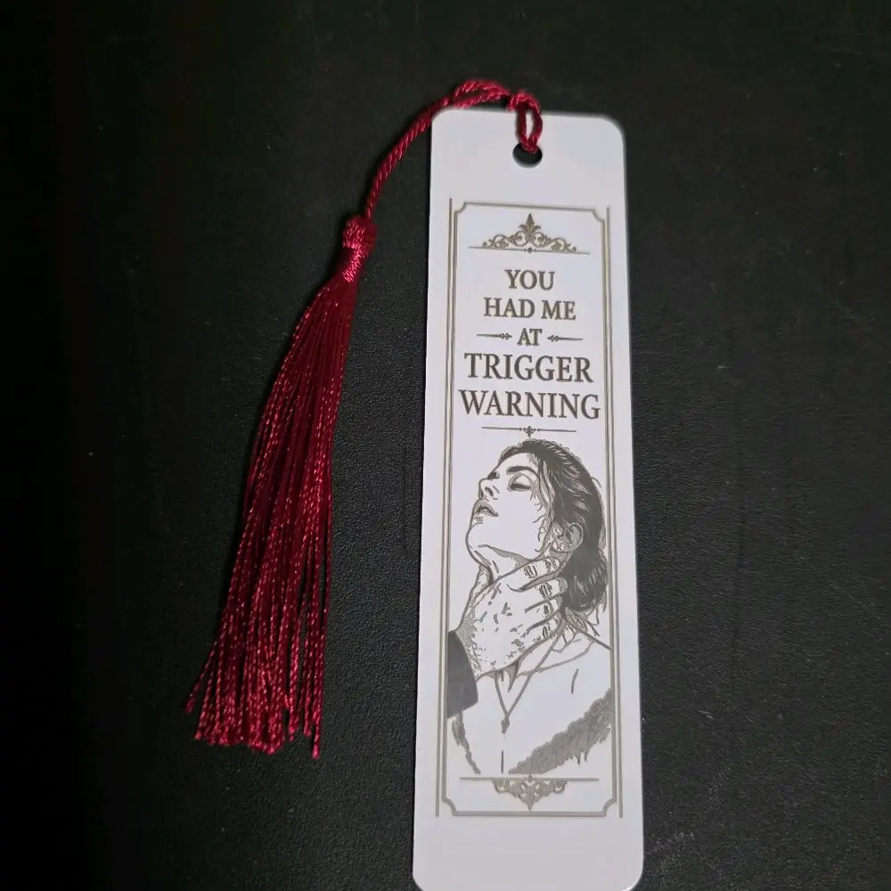 Metal Engraved Bookmark - Trigger Warning - Random Colored Tassel