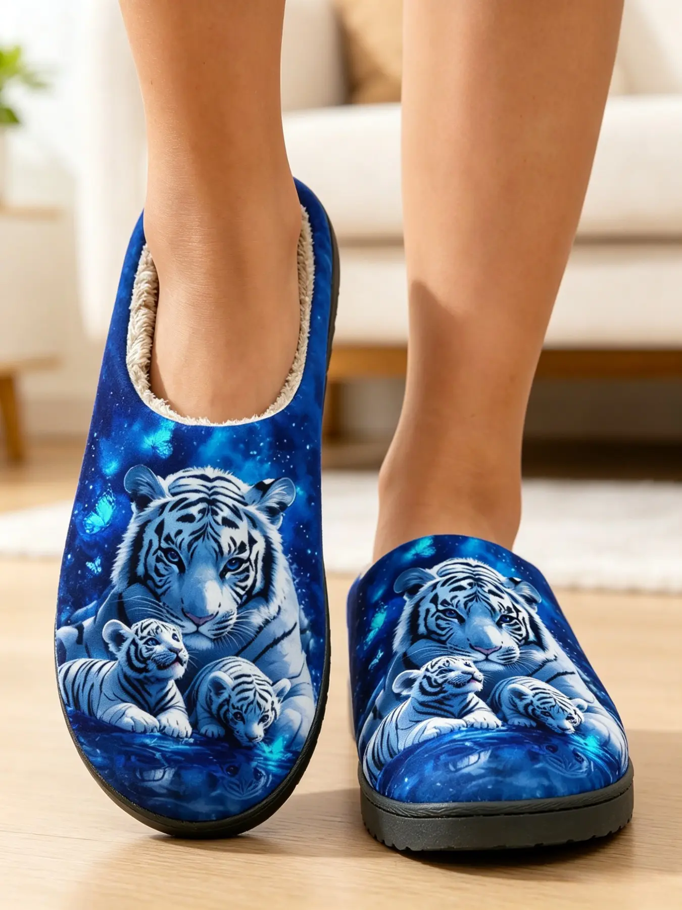 Unisex Fashionable Comfortable Tiger Print Plush Slippers, Non-Slip Home Slippers, Casual All-Over Print, Textile Upper, Eva Sole