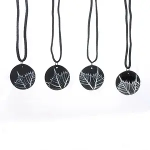 Round Polymer Clay Leaf Imprint Pendant (Black)