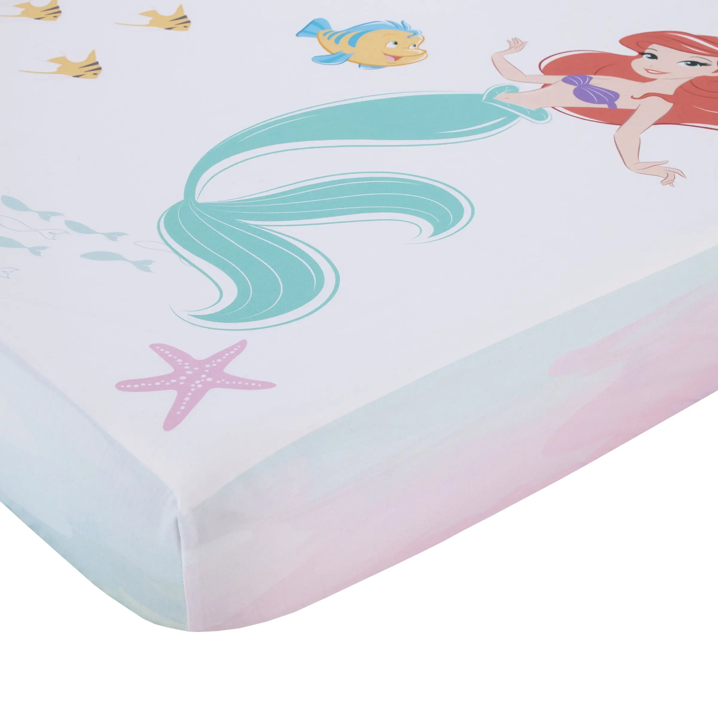 Disney Ariel Watercolor Wishes Aqua, Pink and White Never Stop Exploring 100% Cotton Photo Op Fitted Crib Sheet