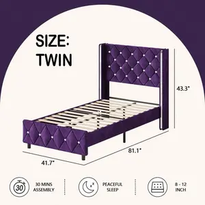 Queen Bed Frame With Headboard, Velvet Upholstered Bed With Wingback And Diamond Tufted Design, Wood Slat Support,  Modern Bed Frame, Twin Bed Frames/ Full Size Bed Frame/ Queen Bed Frame/ King Size Bed Frame Black/Pink/White/Blue/Green/Purle