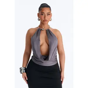 Lunar Goddess Cowl Neck Hardware Halter Top - Charcoal