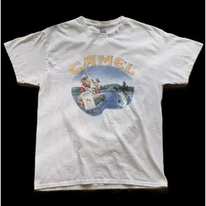 Camel Smoking Joe Fly Fishing white tee, vintage promo tee from the 90s Y2k era- Vintage y2k tshirt Round Neck Top Casual Shortsleeve