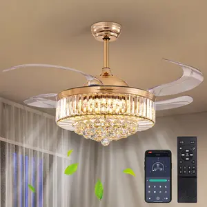 48" Modern Rose Gold Crystal Ceiling Fan with Light and Remote Crystal Fandelier LED Dimmable Chandelier Fan with Invisible Reversible Fan Blades for Kitchen, Dining Room, Living Room,Bedroom