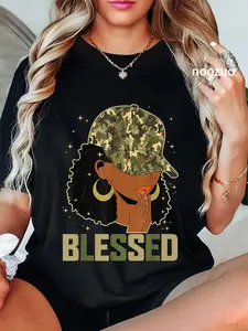 100% Cotton Unisex Blessed Black Woman Praying African Christian Camouflage T-Shirt Christ Christian Tops Casual Top