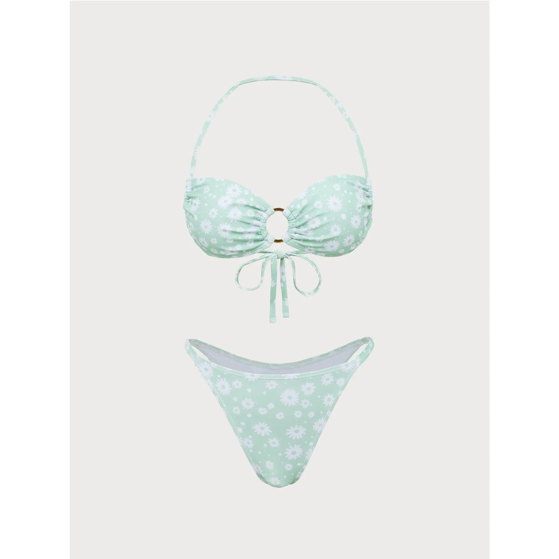 SAMIOL Women's Light Green Hollow Print Off-Shoulder Ruffled 2-Piece Bikini Set Swimsuit, 2026 Summer New Arrival, Adjustable Shoulder Straps, Push-Up Bust, High-Waist Briefs, Soft Stretch, Quick Dry, Anti-Fade, Anti-Chlorine, Adjustable Shoulder Straps B