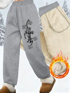 Women's Cross Flower Print Fleece Lined Pants, Drawstring Waist Long Straight Leg, Casual Streetwear for Fall & Winter
