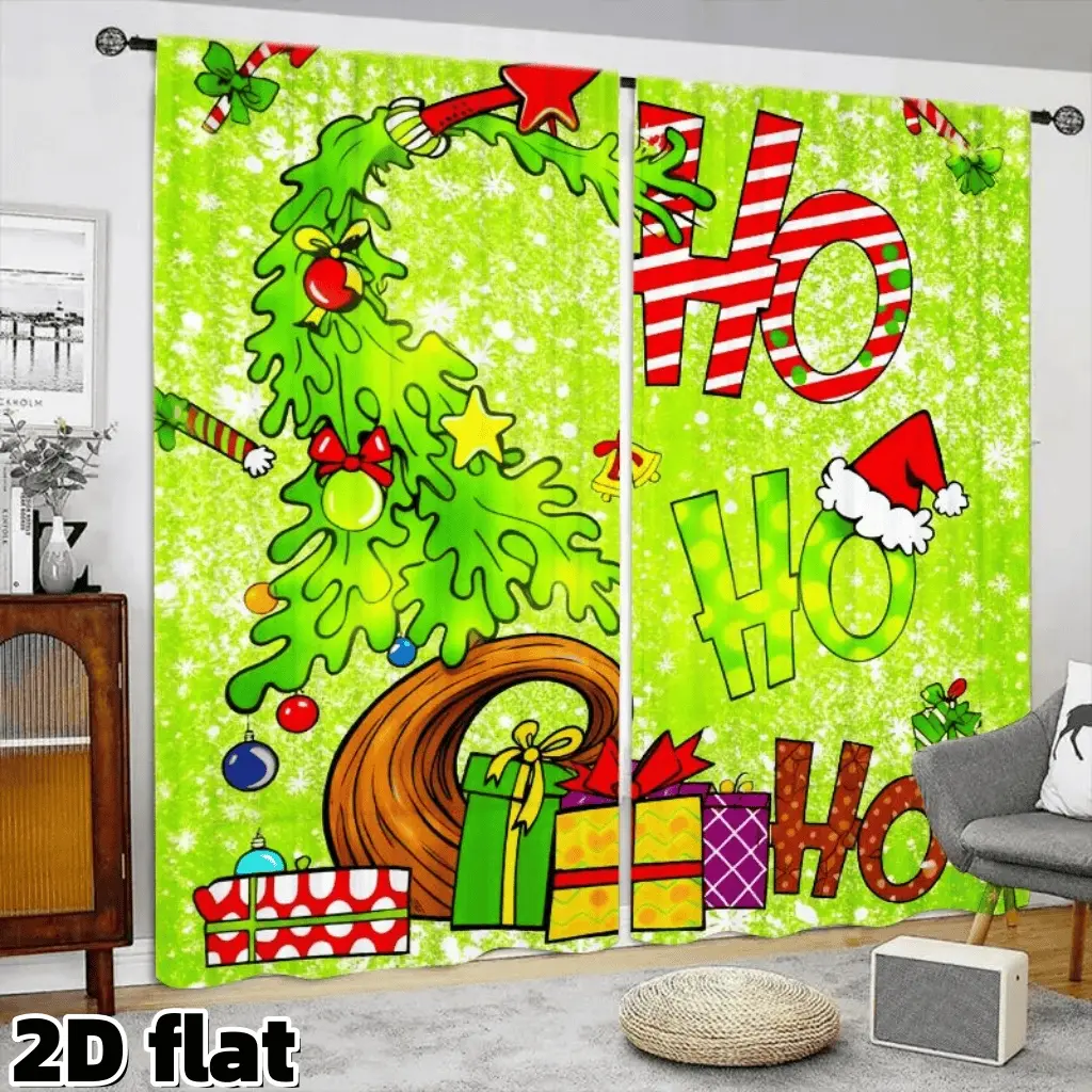 2D Flat 2Pcs Christmas Tree Gift Pattern Curtains Festive Holiday Green Theme Semi Sunshade Rod Pocket Design Modern Polyester Material for Living Room Bedroom Study Window Treatment Home Decor Privacy Protection