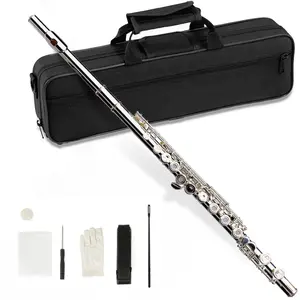 Closed Hole C Flute 16 Keys Instrument for Students Beginners, Includes Cleaning Kit, Portable Bag, Gloves, Ideal for Music Lovers