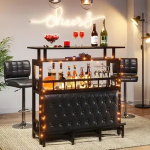 Black Metal Home Bar Unit, 44-Inch Bar Height Table With Spacious Storage, Upholstered Front Panel And Metal Footrest, Liquor Cabinet Entertainment Pub Table For Kitchen Balcony Or Basement