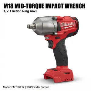 Milwaukee M18 FMTIWF12 cordless  impact wrench is suitable for automotive suspension and industrial M22 bolts. It features an 18V brushless motor, up to 900 Nm of torque,   and an impact frequency of 3100 IPM. A battery and charger are included. impac Kit