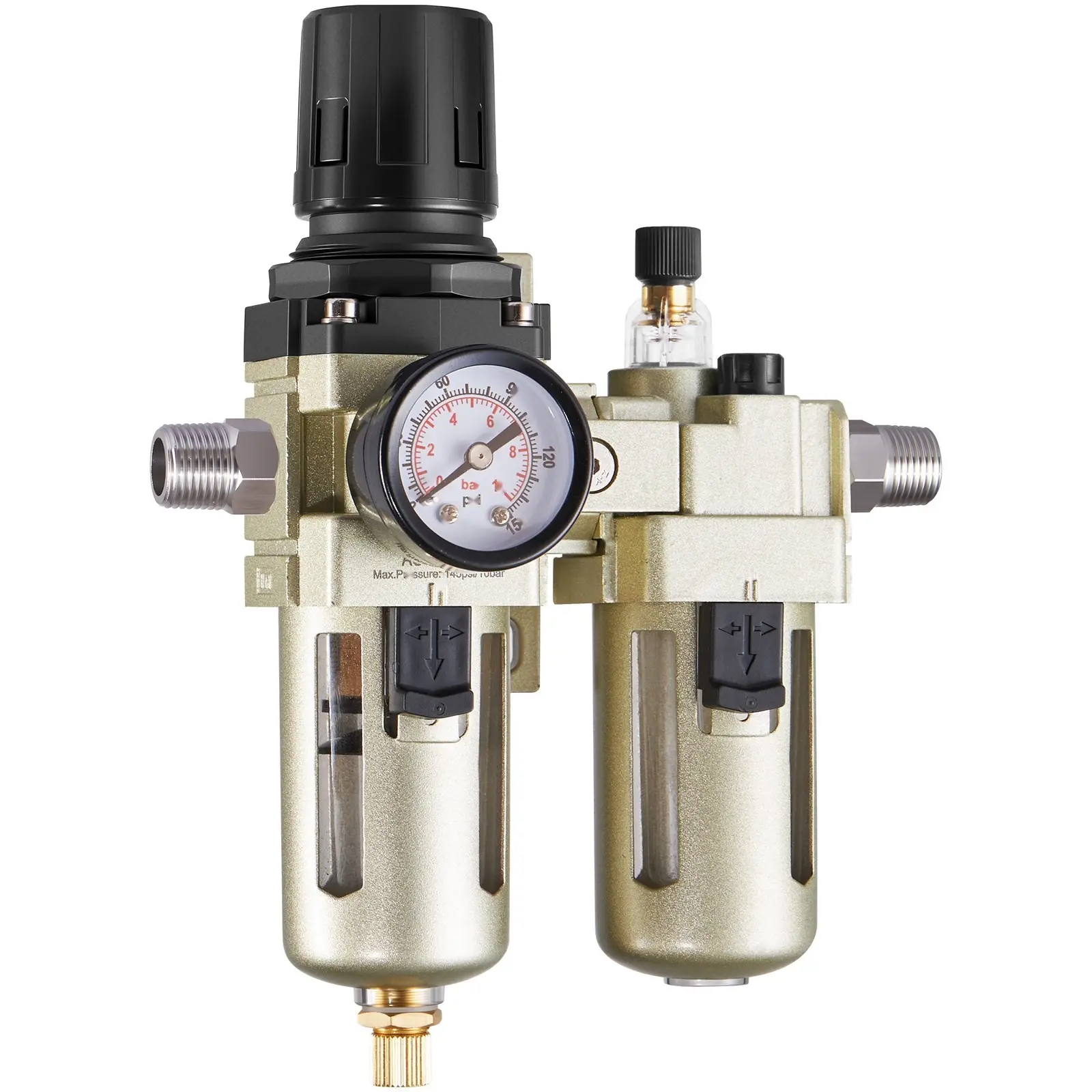 Air Compressor Filter Regulator Lubricator Assembly (FRL) With 3/8" NPT Connection, Water Separator And Semi Auto Drain, Air-Drying System, 5 Micron Brass Filter Element, 145 PSI Max Working Pressure, Poly Bowl, For Workshop Use