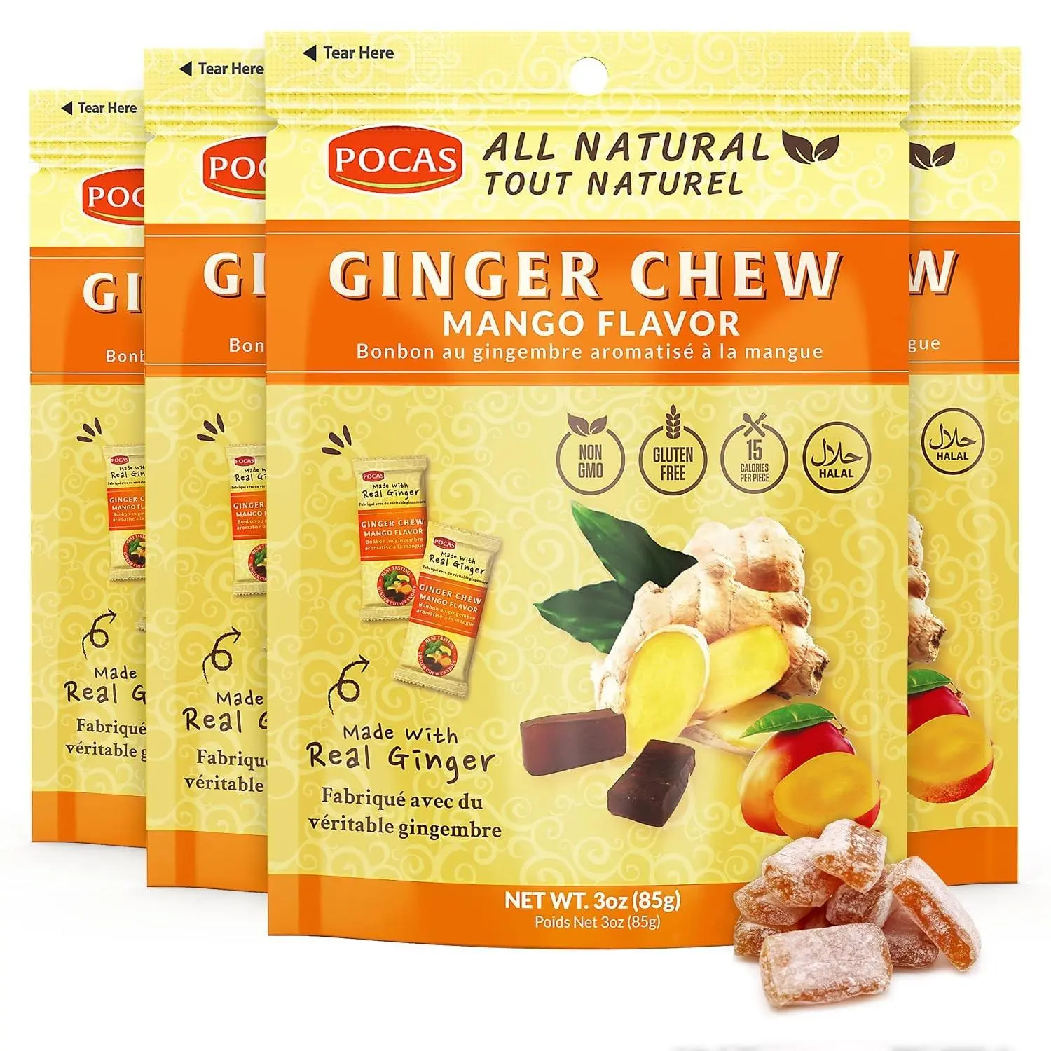 Pocas Ginger Chew  Mango Flavor Candy 3oz 24ct Box