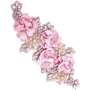 1pc Handmade 3D Flower Rhinestone Applique Bling Beaded Embroidery Lace Fabric Patches for Clothes Wedding Dress Hat Hairband Sewing Embellishment (Pink)