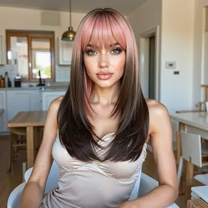 Women's 16-Inch Straight Wig, Natural Soft Gradient Bangs, Layered Medium Long Synthetic Fiber, Ideal for Daily Wear, Parties, Festivals, Synthetic Fiber Wigs