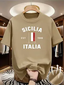 Men's Sicily Italy Flag Design Classic Style Casual T-Shirt, Summer Daily Wear, Loose-Fitting Long Sleeve, No Zipper, No Button, Without Collar