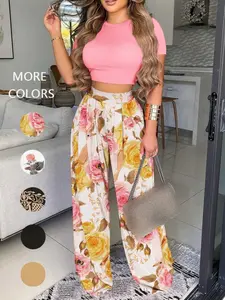 Two-Piece Set Women's Floral Leaf Printed Fitted Crop Top & Wide Leg Pants, Casual Fashion Aesthetic Cozy Top & Trousers Outfit for Daily Outdoor Wear, Women's Clothing for Summer, Suits, Womenswear