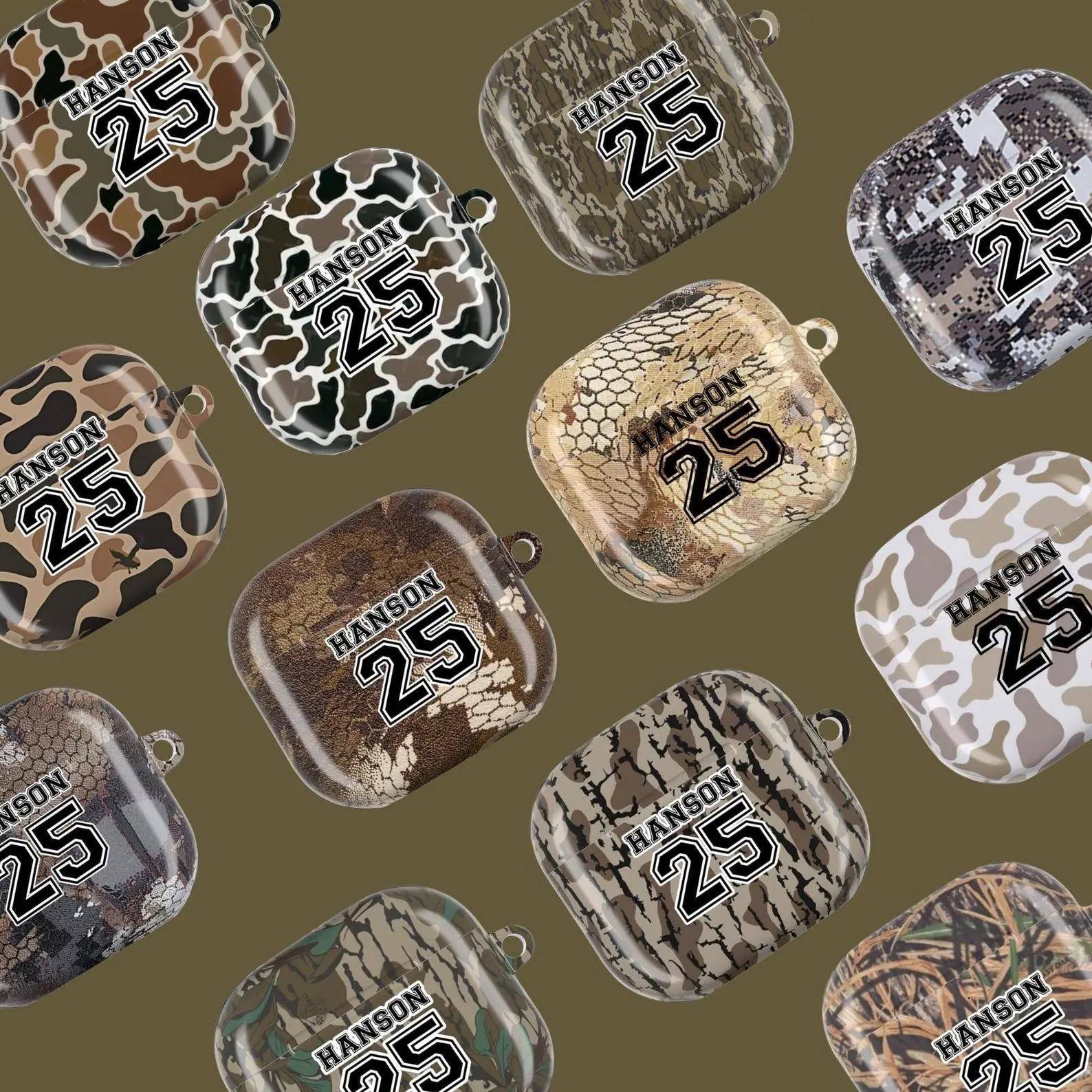 Personalized Wireless Camouflage AirPods Case - Custom Name & Number, Durable Polycarbonate, Outdoor Shockproof Protective Cover, Carabiner-Included, Secure & Portable, Charging-Compatible for AirPods Gen 1,2,3,4 & Pro, None