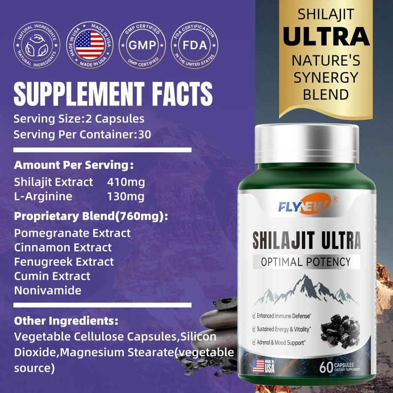 2 Bottles of FLYNEW Optimal Potency | Shilajit Ultra | Adaptogen Energy Stamina Immune Antioxidants | Made in USA | 120 Capsules