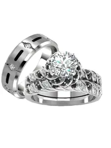 His Hers 3 Piece 925 Sterling Silver and Titanium  CZ  Wedding Ring Set