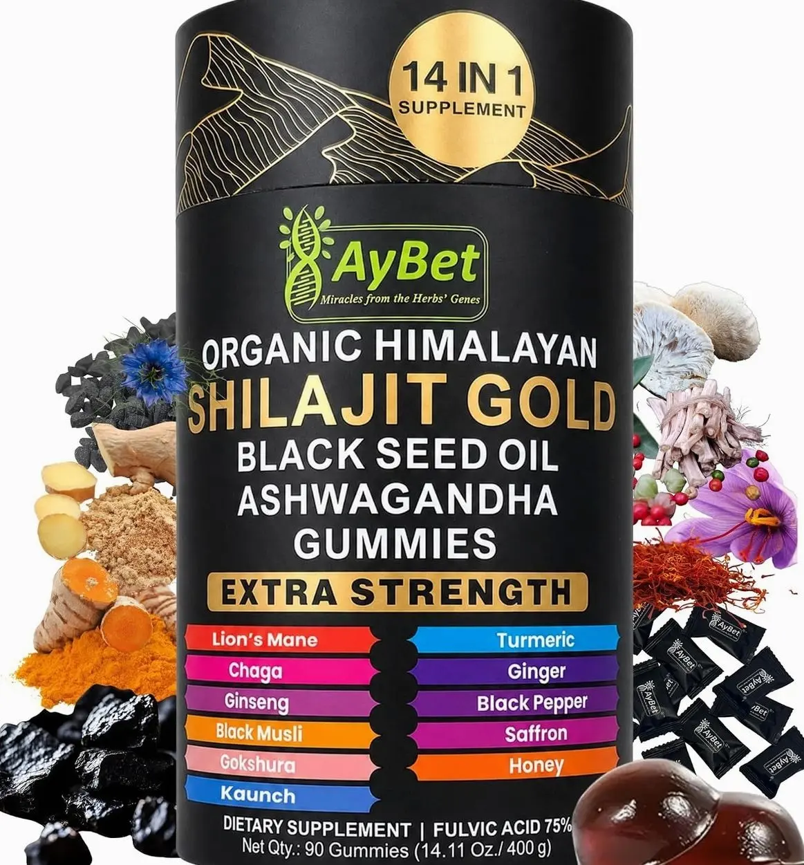Organic Himalayan Shilajit Gold Gummies for Men and Women, Black Seed Oil, Ashwagandha, Ginseng, Turmeric, Gokshura, Lion's Mane, Lab Tested, No Sugar Added, Halal, 90Gummy