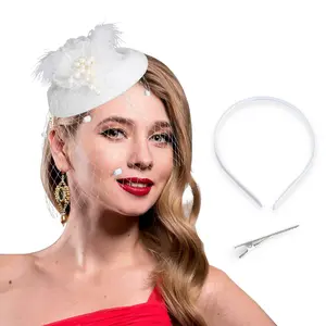 Bohend Fascinator Hat Flower Feather Veil Vintage Derby Hat Tea Party Wedding Hair Accessories with Pearl for Women and Girls