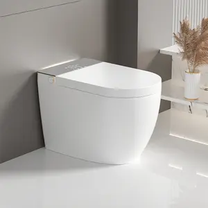 Modern Integrated Smart Toilet with Auto Open/Close Lid Temperature Heating Seat Instant Warm Water Cleaning Automatic Flush Remote Control Foot Sensing Flush Soft Ambient Light LED Display Triple Auxiliary Flushing