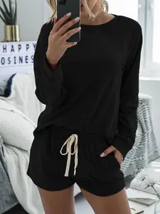Women's Plain Ribbed Sleeve T-Shirt and Drawstring Waist Shorts Set, Casual Comfortable Loose Round Neck Top and Pocket Short Pajama Set Nightwear