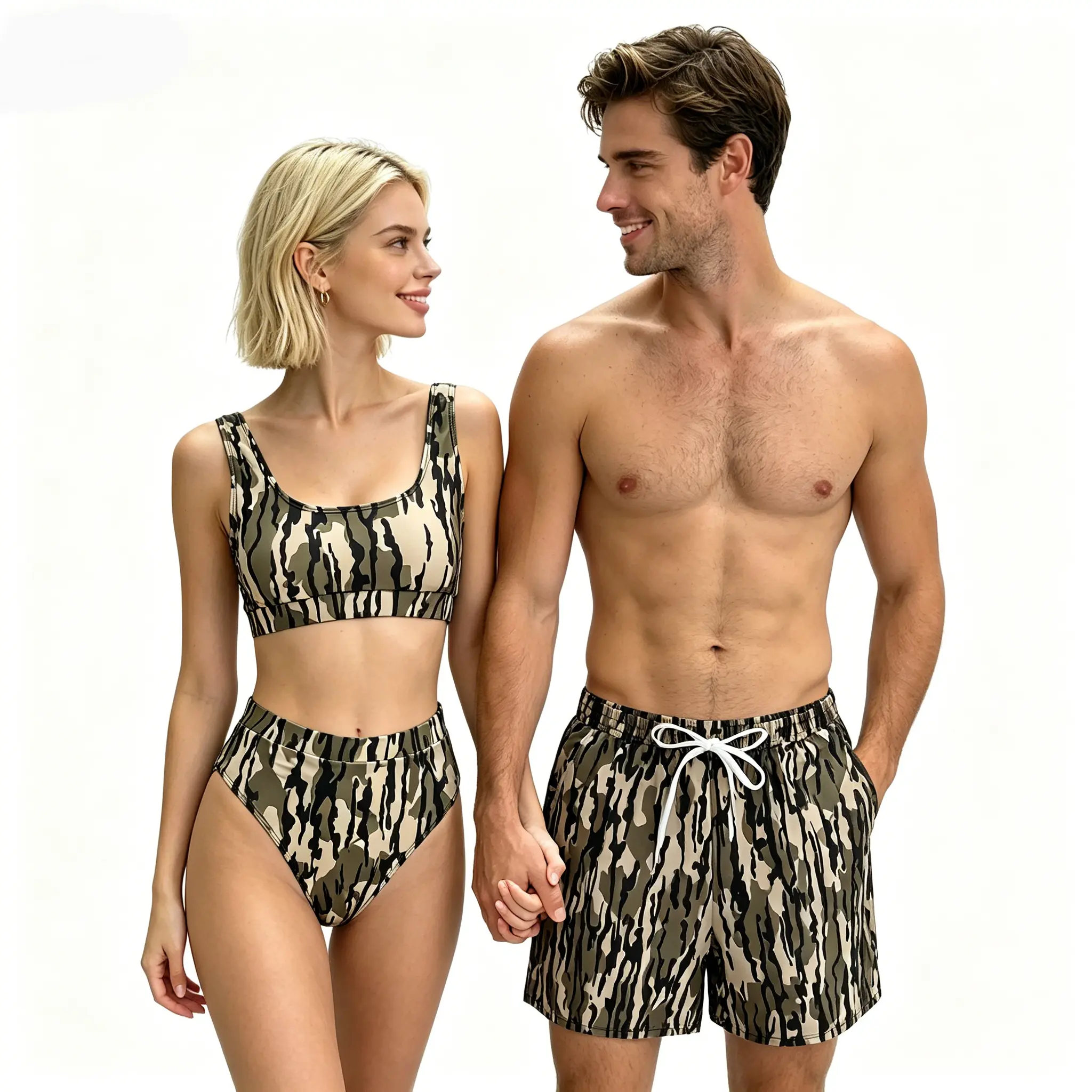 Women's 2-Piece Camouflage Bikini Set, Sporty High-Waisted Style with 4-Way Stretch, Quick-Dry Fabric for Beach, Matching Men's Trunks Available