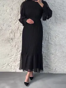 Elegant Chiffon Muslim Dress, Round Neck Long Sleeve, Pleated Islamic Abaya, Flowy Ruffle Hem, Stylish & Comfortable, Modest Style Dress, Modest Muslim Outfits