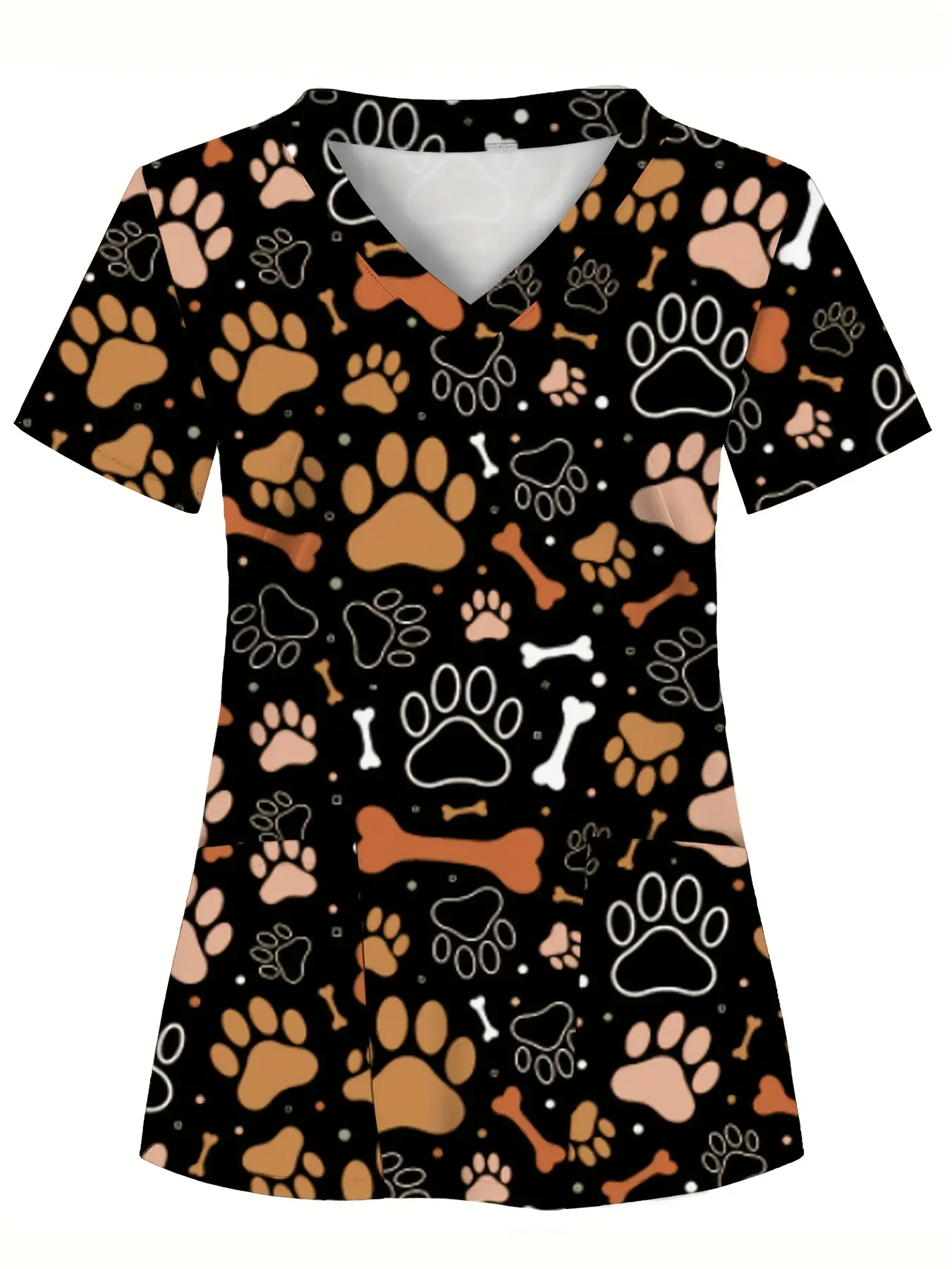 All-Over Print, Dog Paw And Bone Pattern, Women'S Scrub Top, 2-Pocket Design, Comfortable T-Shirt for Healthcare Professionals - Soft, Breathable, And Practical Uniform, Suitable for Hospitals, Dental Clinics, Beauty Salons, And Facilities