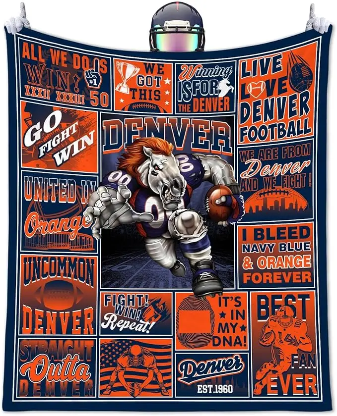Denver Flannel Blanket, Navy Orange Football Fan Throw Blanket, Mile High Blanket, Soft Cozy Throw for Sofa Couch Bed, Game Day Home Decor, Vintage Football Lover Gift for Men Women, Warm Flannel Blanket, Denver Fan Gift