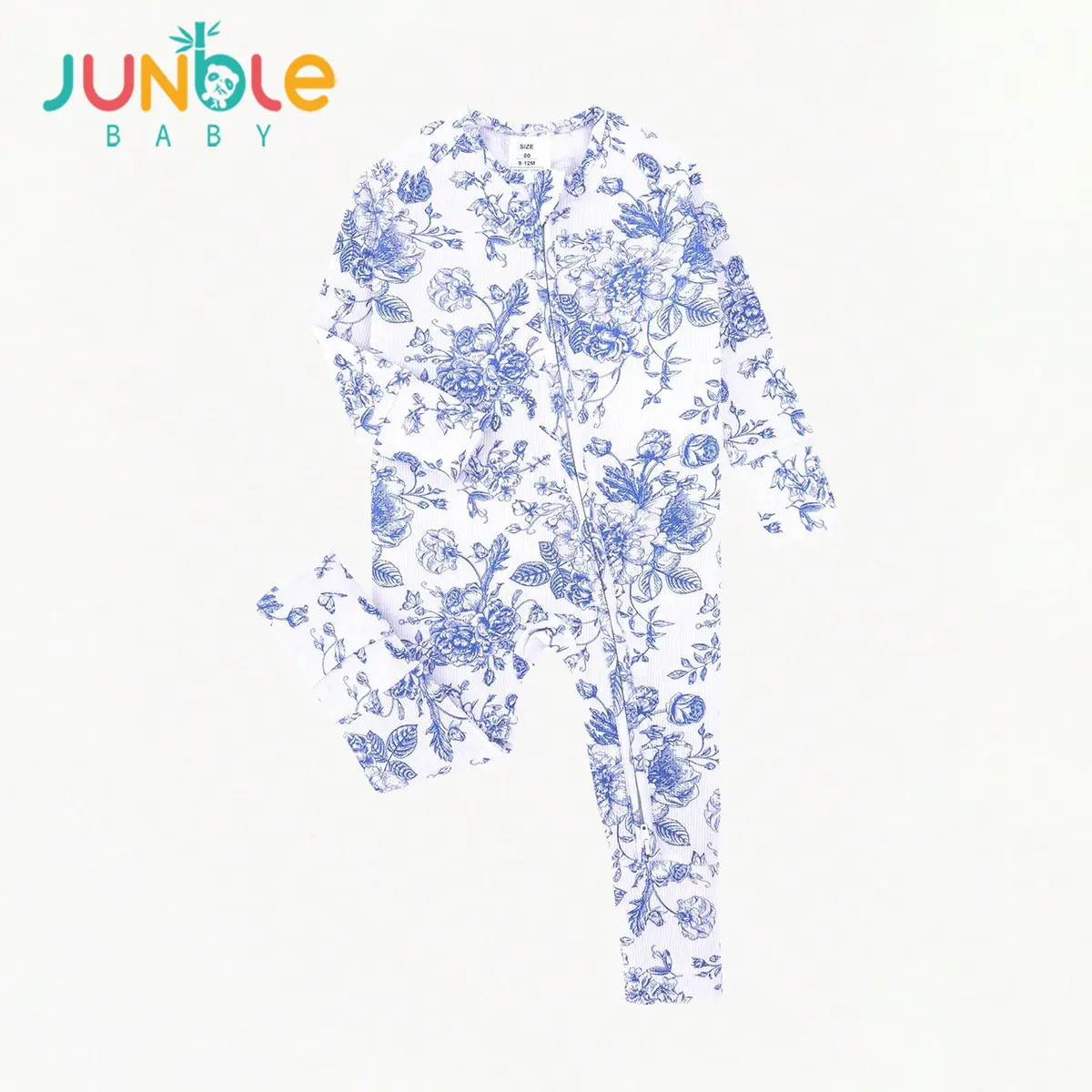 JUNBLEBABY Unisex Bamboo Viscose Baby Romper - Long Sleeve, 2-Way Zipper, Crew Neck Knitting, Cute Blue Floral Ribbed, Comfortable Design Newborn Sleeper Bodysuit for 0-2 Years (6-9m,9-12m,12-18m) Boys Girls