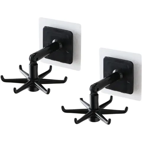 2PCS Self-Adhesive Plastic 360° Rotating Folding Hangable Hook Racks - Vertical Flip, Waterproof, Smooth Stylish Organizer, No-Drill Strong Adhesive for Kitchen Wall Utensils, Towels