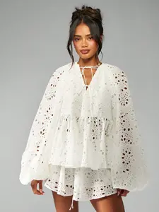 MISSGUIDED Broderie Anglaise Boho Two Piece Outfit With Balloon Sleeves And Drawstring Details