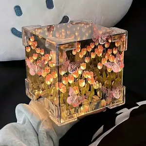 DIY Tulip Cube Mirror Lamp Kit, Ambient Decoration Lamp, Handmade Butterfly Decoration, Bedroom Living Room Table Decor, Perfect Gift for Mom Girls Couples Friends
